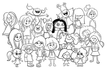 Obraz na płótnie Canvas kid girl characters group cartoon color book