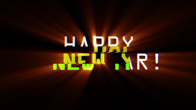 happy new year words glitch interference noise light rays effect close up seamless loop animation background - new quality retro vintage modern futuristic wording typography video footage