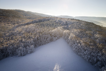 Aerial winterwonderland view with drone of snowy forest in Lower Austria