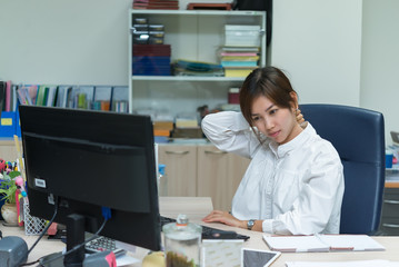 Beautiful asian business woman neck pain from work all day,Thailand people