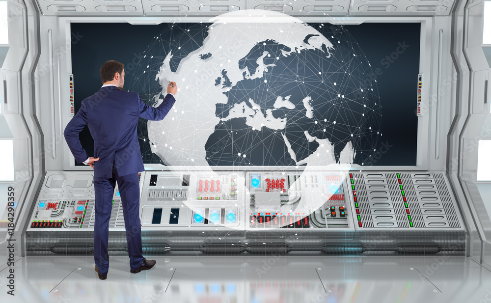 Poster Businessman using digital planet earth interface on a board 3D rendering