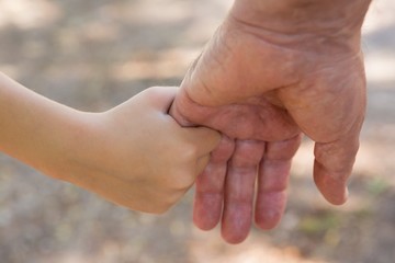 Grandfather holding his granddaughter hand in the forest