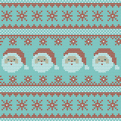 Seamless Christmas nordic knitting vector pattern with Santa Claus, snowflakes and decorative stripes