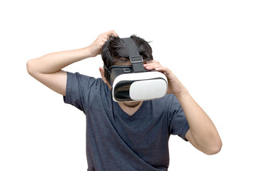 A man wearing and playing virtual reality on isolated white background