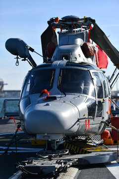 Helicopter on a platform of a frigate