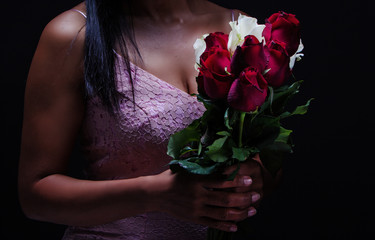 The rose bouquet was holding by lady hand,in dramatic tone,abstract art design,art style,blurry around.