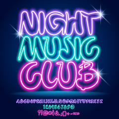 Vector neon colorful poster Night Music Club. Lighting set of Alphabet letters, Numbers and Punctuation Symbols