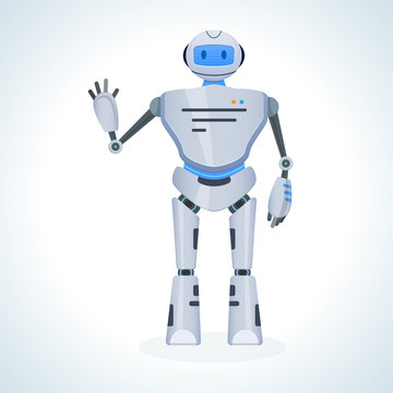 Electronic robot, chat bot, humanoid, welcomes raising his hand up.