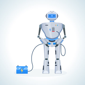Modern electronic robot, chat bot, humanoid. Charging energy from battery.