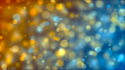 Orange, blue and silver particles. Bokeh background. 3d rendering