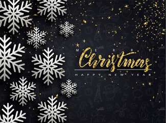 Merry Christmas and Happy New Year. Background with snowflakes and serpentine. Vector illustration.