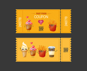 Coupon fast food. Gift Voucher ticket card. Coupon food, drink.