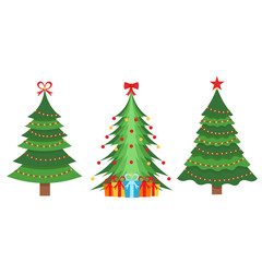 A beautiful set of Christmas green fir trees decorated with colorful garlands. Vector illustration on a white background.