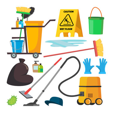 Cleaning Supplies Vector. Professional Commercial Cleaning Equipment Set. Cart, Vacuum Cleaner. Isolated Flat Illustration.