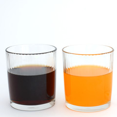 Different drinks in two glasses. Water in a glass on a white background. Drink. Glass