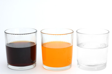 Different drinks in three glasses. Water in a glass on a white background. Drink. Glass