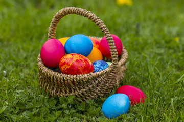 Happy Easter, colorful eggs in a basket