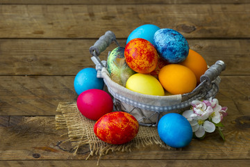 Happy Easter, colorful eggs in a basket