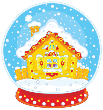 Christmas crystal ball with a small log house and falling snow inside