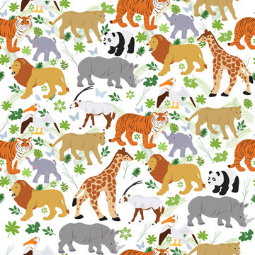 Seamless vector pattern with various animals on a white background