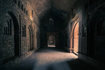 Foto op Plexiglas Rudnes Mandu India, afghan ruins of islam kingdom, palace interior, mosque monument and muslim tomb. Sunshine from door in dark corridor.