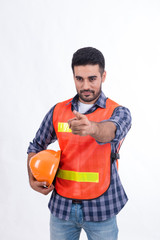 Construction worker wearing safety vest isolated on white,Arabian engineer smile
