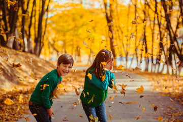 Happy little boy and girl have fun with fallen leaves in the autumn park