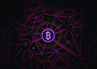 Bitcoin security business background. Bitcoin crypto mining data visualization. Business wallet scheme, security currency exchange, vector model. Crypto virtual payment finance. Gold money trading