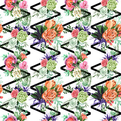 Bouquet flower pattern in a watercolor style. Full name of the plant: rosa, hulthemia. Aquarelle wild flower for background, texture, wrapper pattern, frame or border.