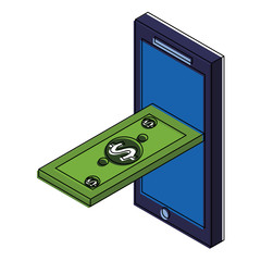 mobile phone with banknote money cash isometric vector illustration