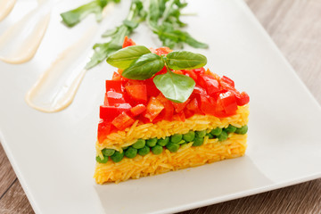 Vegetarian food, rice salad with vegetables, healthy meals