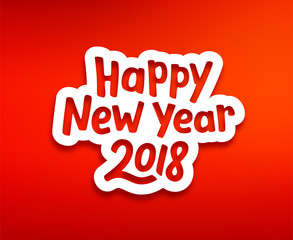 Happy New Year 2018 text on white paper label with carving over red background. Modern calligraphy lettering on sticker for season greetings. Vector background