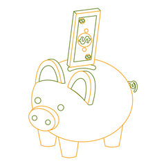 bank piggy with banknote money cash isometric vector illustration outline color