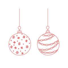 Vector set of red hand drawn Christmas ball toy with thread