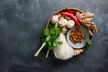 Ingredients for spicy asian food with fried insect