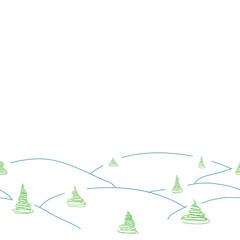 Vector seamless decorative winter border from simple snowdrift and sketch pine trees, fir trees, spruces