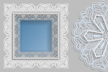 Template for design -  square frame with lace edges and  3D mandala on the side. Template for wedding and other congratulations. There is a place in the frame for text, pictures, photos. Vector.