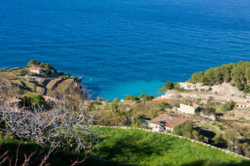 Panoramic view of Banyalbufar bay and vineyard terraces, Majorca, Spain