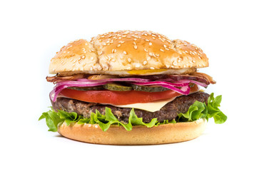 Fast food Burger with salad isolated against white background