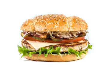 Fast food Burger with salad isolated against white background