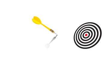 Yellow dart missed the target and hit on the white space bacground, Missed Target Concept
