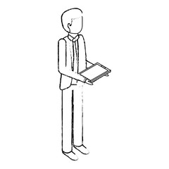 businessman stand holding tablet device vector illustration sketck