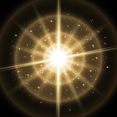 Light circle with waves of light and stardust, golden color