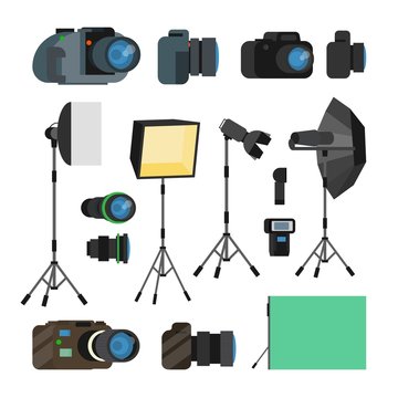 Photographer Tools Set Vector. Photography Objects. Photo Equipment Design Elements, Accessories. Modern Digital Cameras, Tools For Professional Studio Photography. Isolated Flat Cartoon Illustration