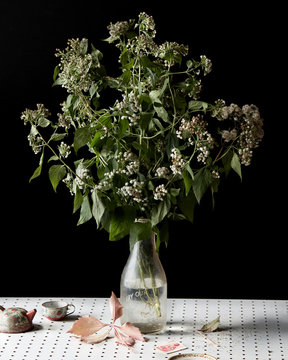 Flower vase on a table against black background