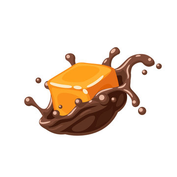 Colorful Candy Design. Caramel In Chocolate Splash Burst. Vector Illustration Cartoon Flat Icon Isolated On White.