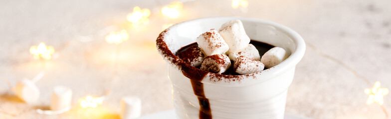 Hot chocolate with melted marshmallow Christmas Background Holiday Candy cane  Banner Warming Winter Drink