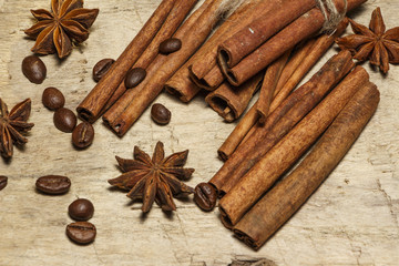 Cinnamon and coffee beans,anise stars - a mixture of spices