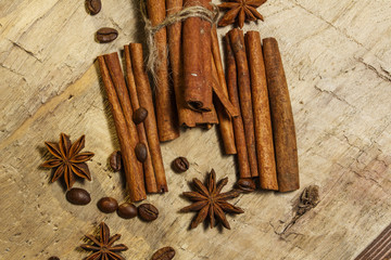 Cinnamon and coffee beans,anise stars - a mixture of spices
