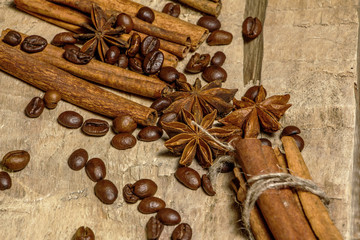 Cinnamon and coffee beans,anise stars - a mixture of spices